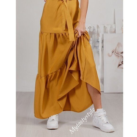 NWT Tiered Maxi Boho Belted Ruffled Sleeveless Yellow Amber Crepe Satin … - Picture 4 of 13